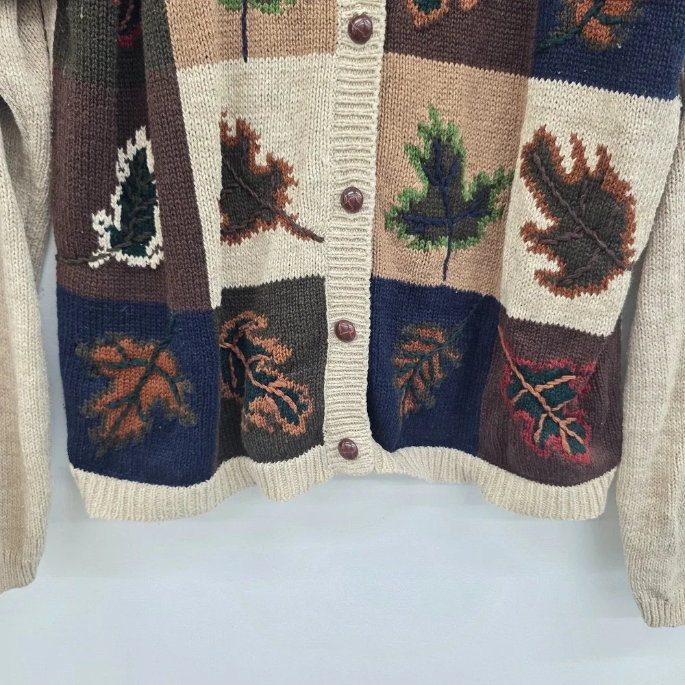 Vintage Milano Womens L Fall‎ Leaf Patchwork Cardigan Sweater Rustic Earthy Knit